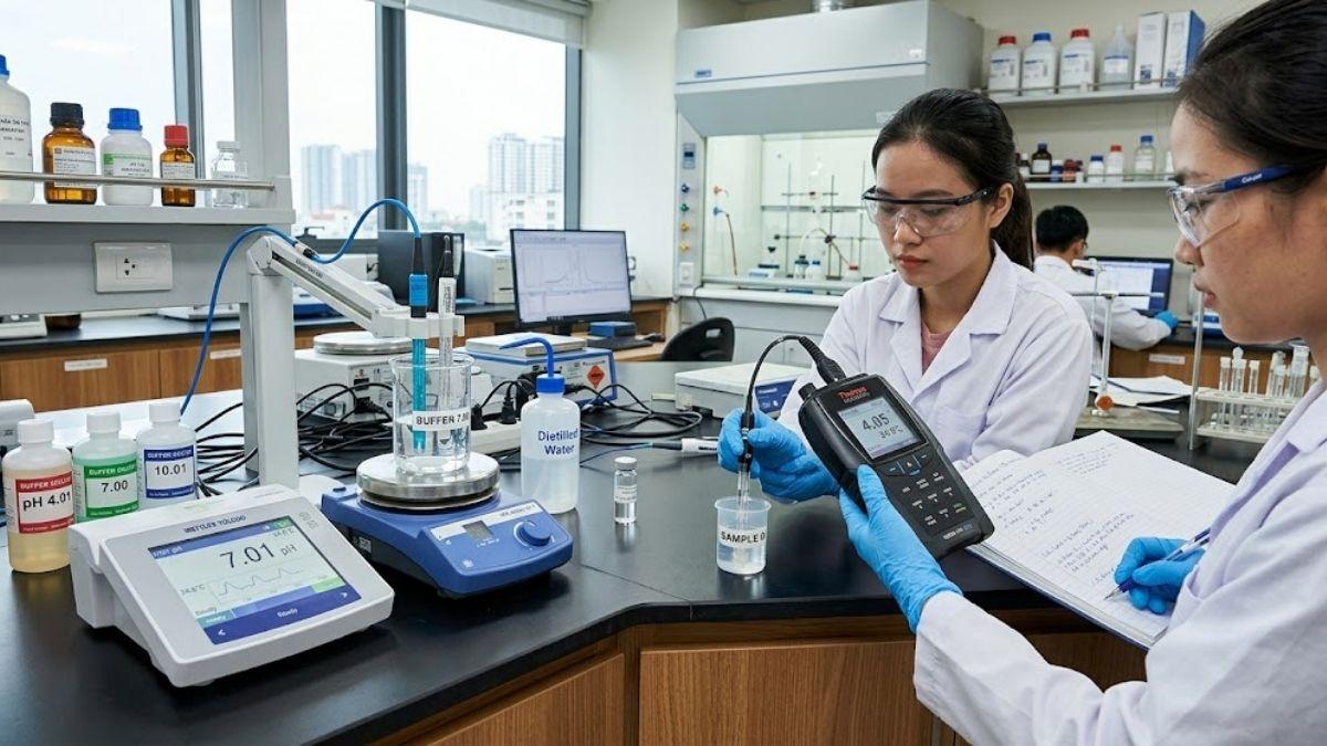 Máy đo pH để bàn và máy đo pH cầm tay trong phòng thí nghiệm hiện đại