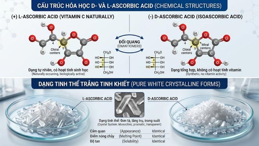 Cấu trúc hóa học D- và L-Ascorbic Acid cùng dạng tinh thể trắng tinh khiết