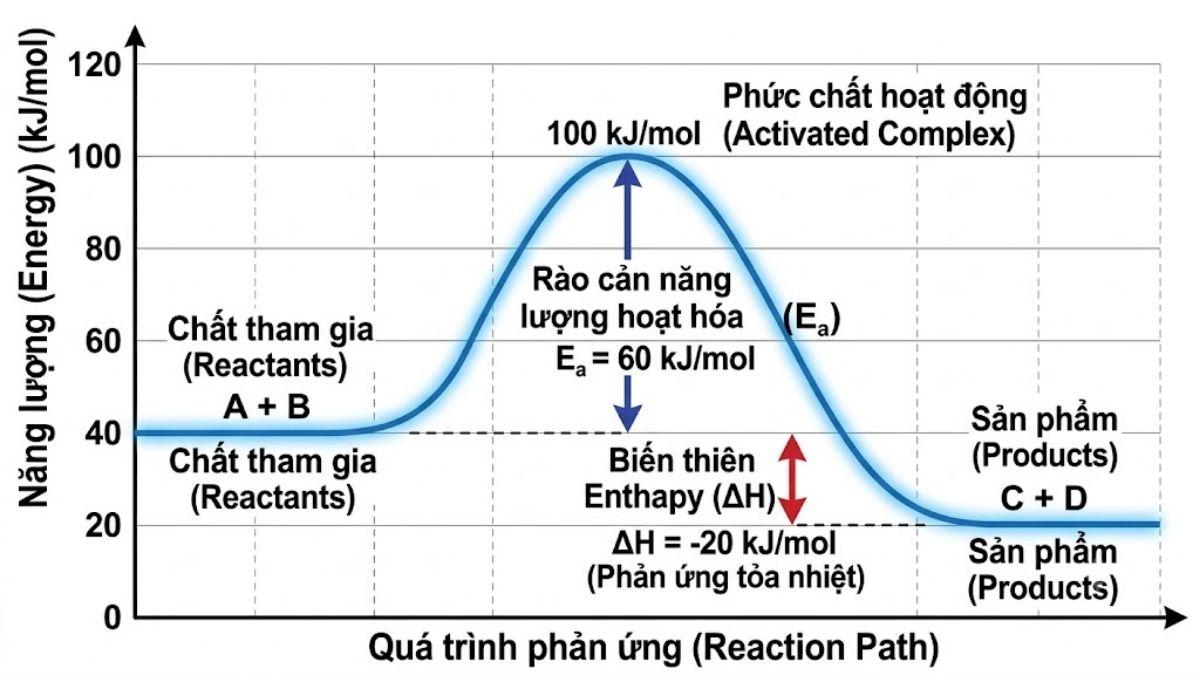 Đồ thị minh họa rào cản năng lượng hoạt hóa Ea giữa chất tham gia và sản phẩm